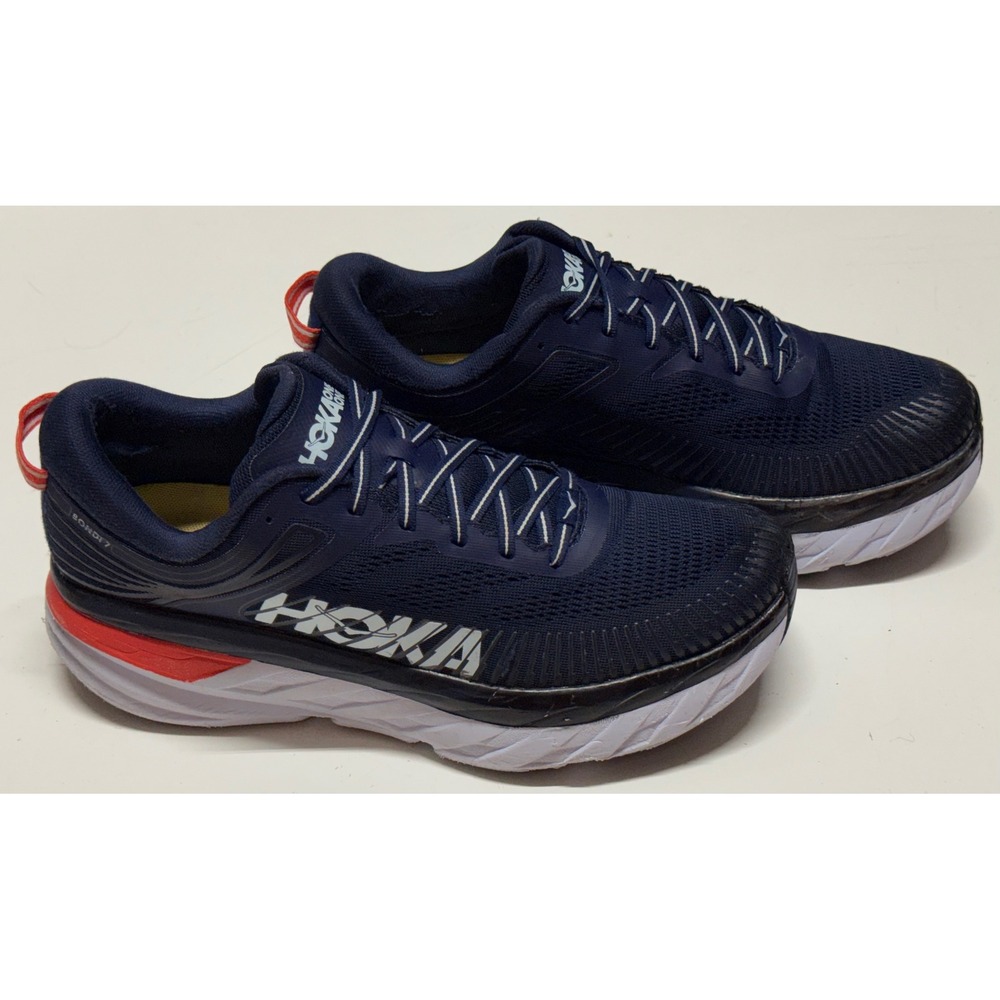 Hoka One One Bondi 7 Mens Running Shoes Navy Blue Red White Sneakers